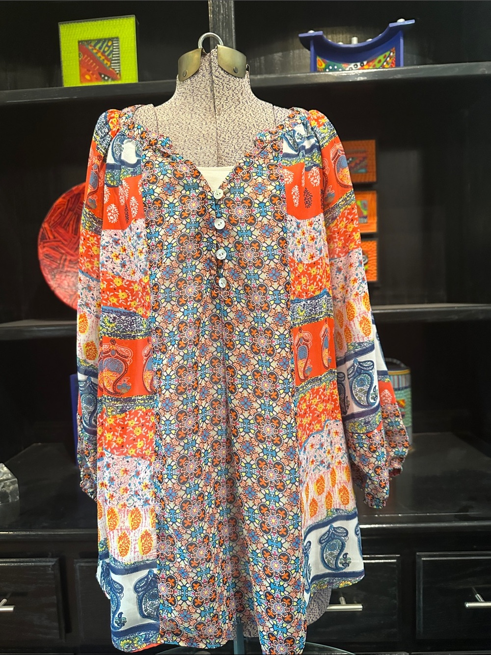 Boho Patchwork Peasant Blouse - Orange Multi